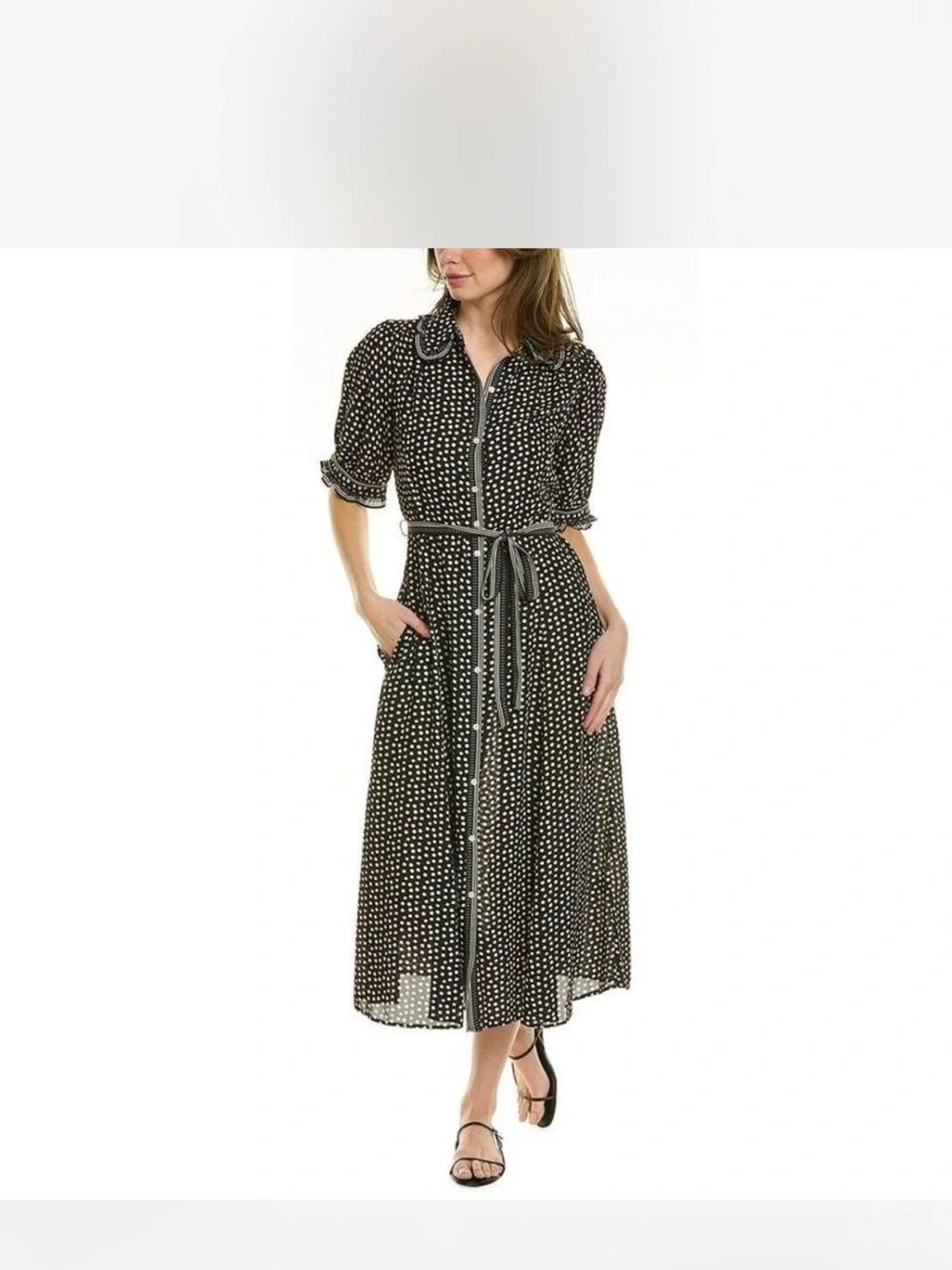 Max Studio Black Polka Dot Maxi Shirt Dress with Tie Waist